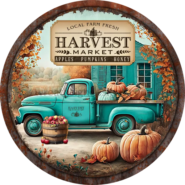 Harvest Market Vintage Teal Pumpkin Truck Metal Wreath Sign 8