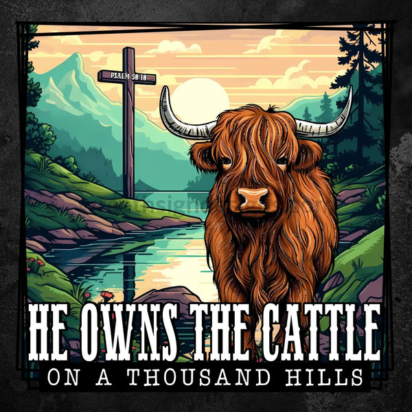 He Owns The Cattle On A Thousand Hills Highland Cow Christian Wreath Sign (Copy)