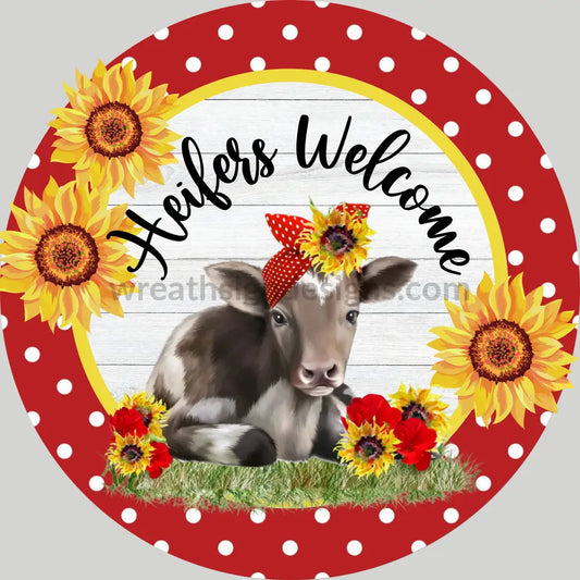 Heifers Welcome Red Bandana Cow With Sunflowers Metal Sign 8 Cicle