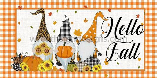 Hello Fall Orange Gingham Gnomes And Pumpkin Metal Wreath Sign 12X6 Metal Sign