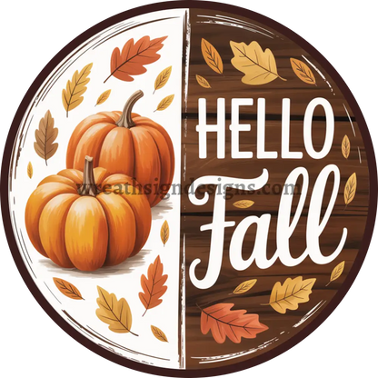 Hello Fall Pumpkin and Fall Leaves Metal Wreath Sign MS-1397 11.75