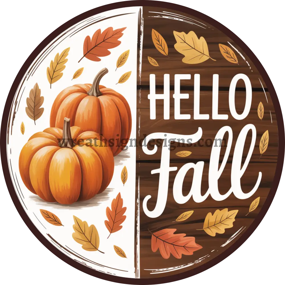 Hello Fall Pumpkin and Fall Leaves Metal Wreath Sign MS-1397