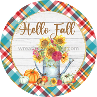 Hello Fall Sunflower And Watering Can With Plaid Circle Metal Wreath Sign (June Udder Box) 8