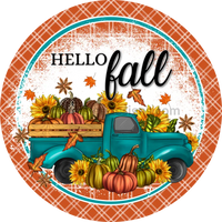 Hello Fall Teal Pumpkin Truck Metal Wreath Sign 8