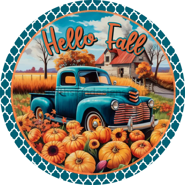 Hello Fall Vintage Pumpkin Truck Round Metal Wreath Sign 6