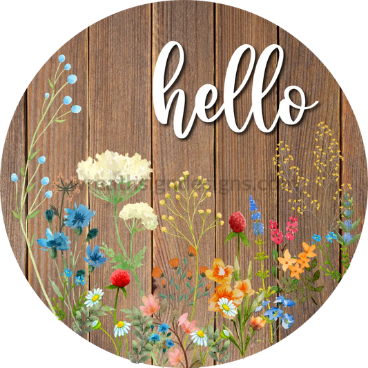 Hello - Floral Wildflowers Round Metal Wreath Sign 8