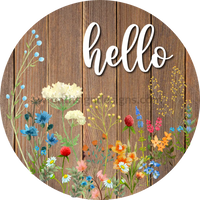 Hello - Floral Wildflowers Round Metal Wreath Sign 8