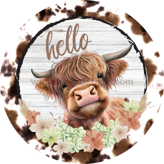 Hello Highland Cow Metal Wreath Sign