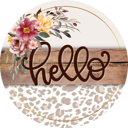 Hello Natural Leopard Round Metal Wreath Sign 6