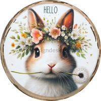 Hello Spring Bunny- Round Metal Easter Wreath Sign 8