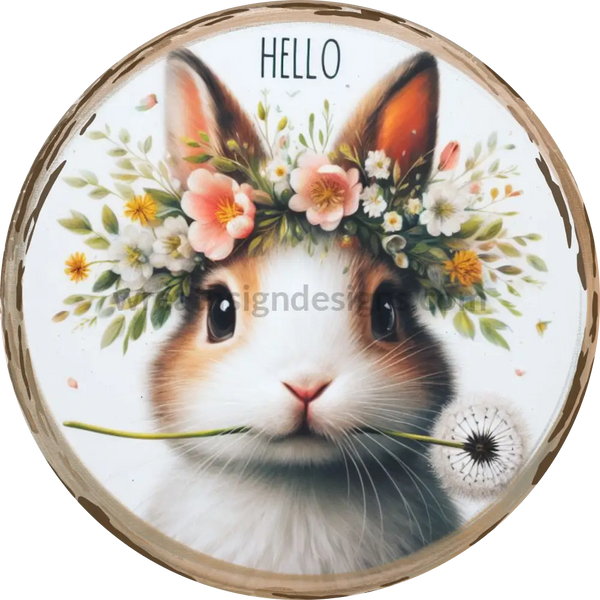 Hello Spring Bunny- Round Metal Easter Wreath Sign 8