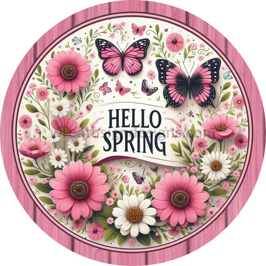 Hello Spring Pink Daisies And Butterflies- Metal Wreath Sign 6