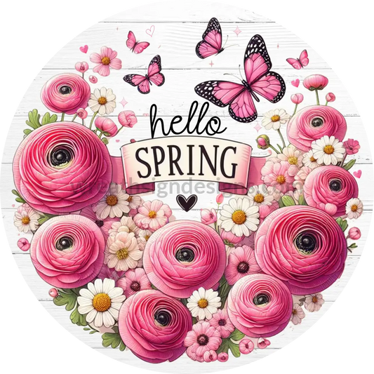 Hello Spring Pink Ranunculus And Butterflies On Teal Bicycle- Metal Wreath Sign 6