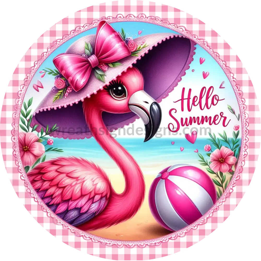 Hello Summer Pink Flamingo Gingham Metal Wreath Sign 6 8X12