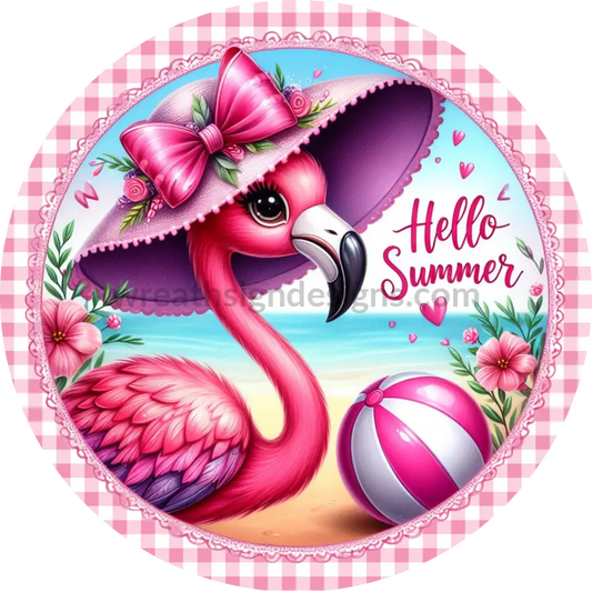 Hello Summer Pink Flamingo Gingham Metal Wreath Sign 6 8X12