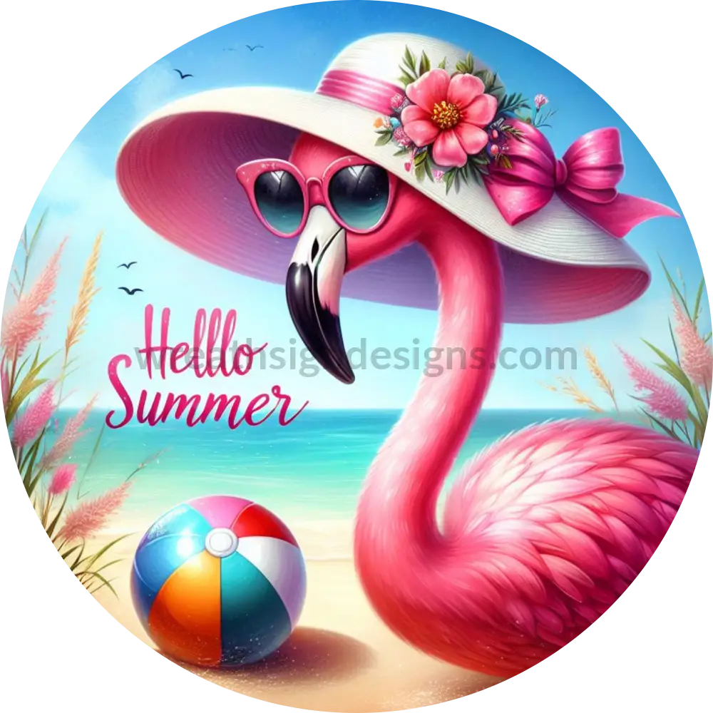 Hello Summer Pink Flamingo On The Beach Metal Wreath Sign 6 8X12