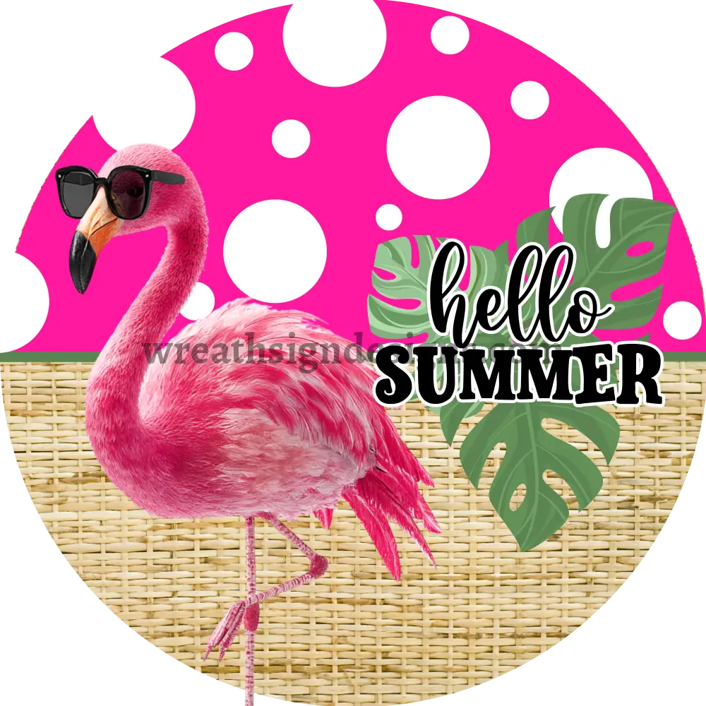 Hello Summer Pink Flamingo Polka Dot Metal wreath Sign MS-1227 10’’