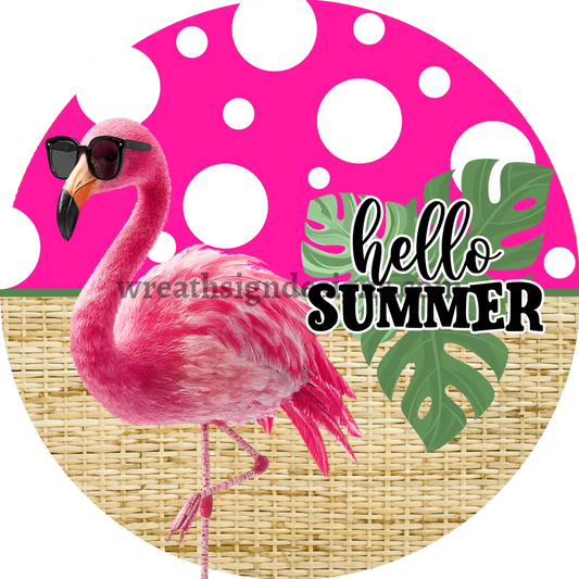 Hello Summer Pink Flamingo Polka Dot Metal wreath Sign MS-1227