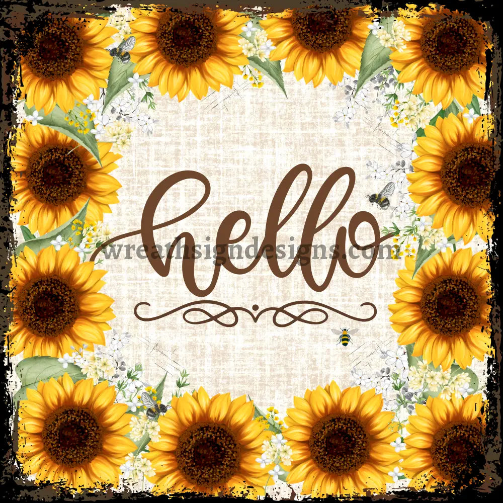 Hello Sunflower And Bees - Metal Wreath Sign