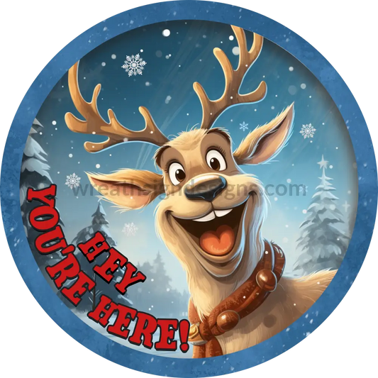 Hey! Youre Here! Winter Reindeer Lights-Metal Sign 8 Circle