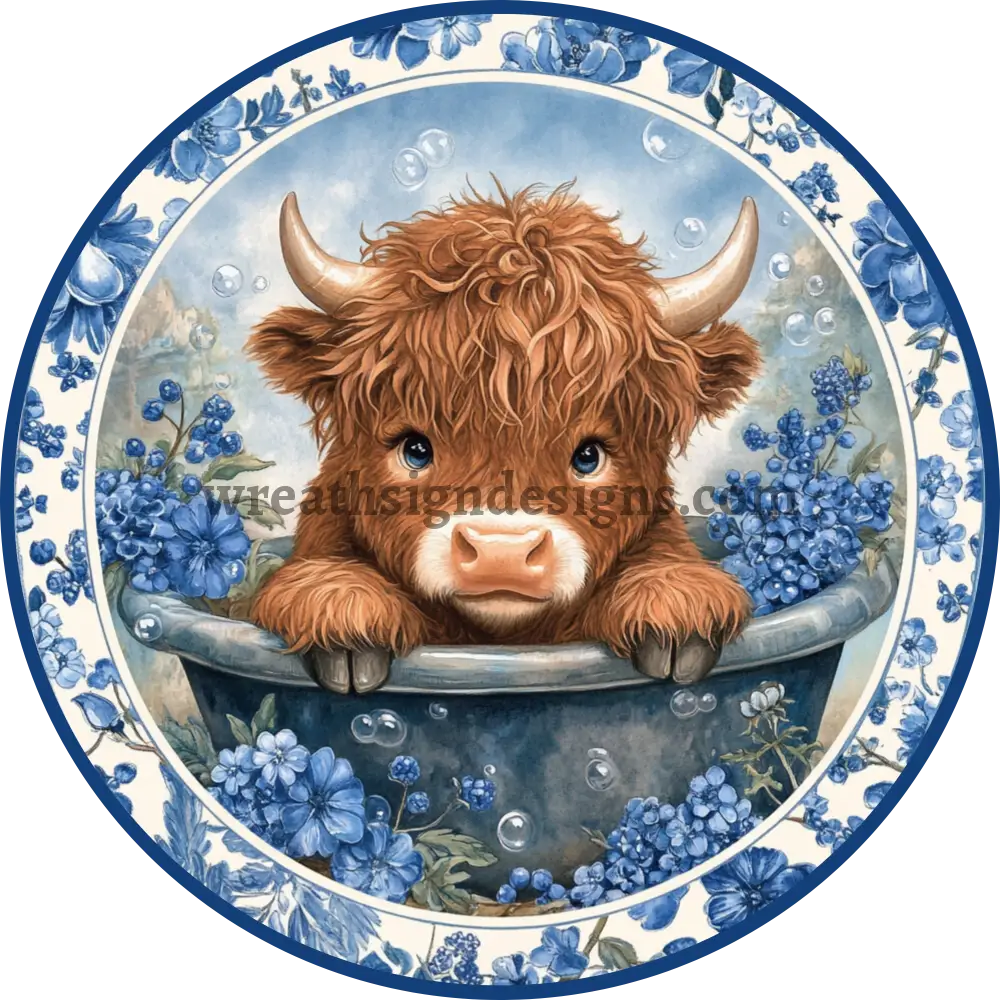 Highland Cow Blue Floral Tub- Metal Wreath Sign Ms-1047 10’’