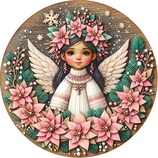 Hispanic Winter Angel And Poinsettias Round Metal Wreath Sign 6’ Decor