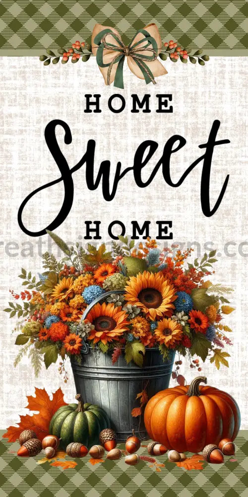 Home Sweet Fall Flowers And Pumpkins Wreath Sign 12X6 Metal Sign