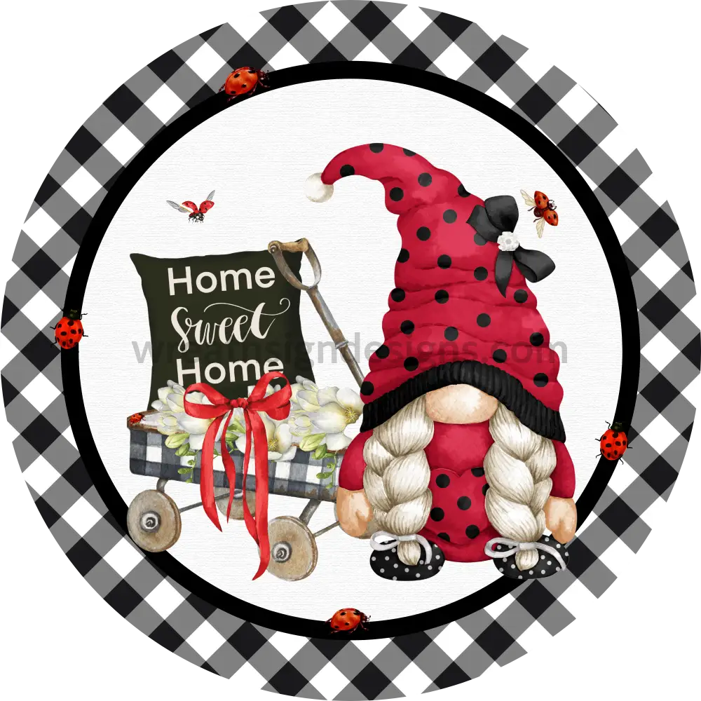 Home Sweet Ladybug Gnome Metal Wreath Sign 8