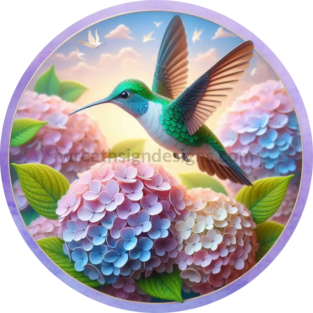 Hummingbird And Hydrangeas Purple- Round Metal Sign 8 Decor