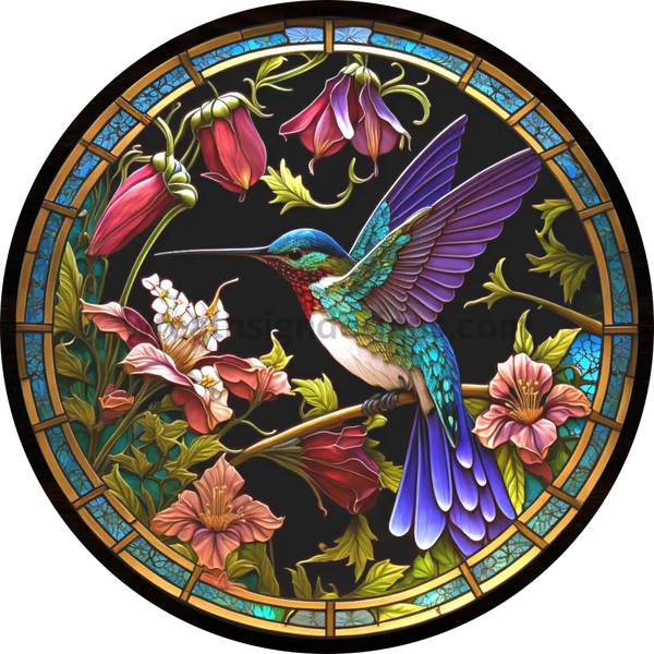 Hummingbird Florals Stained Glass- Round Metal Wreath Sign 6