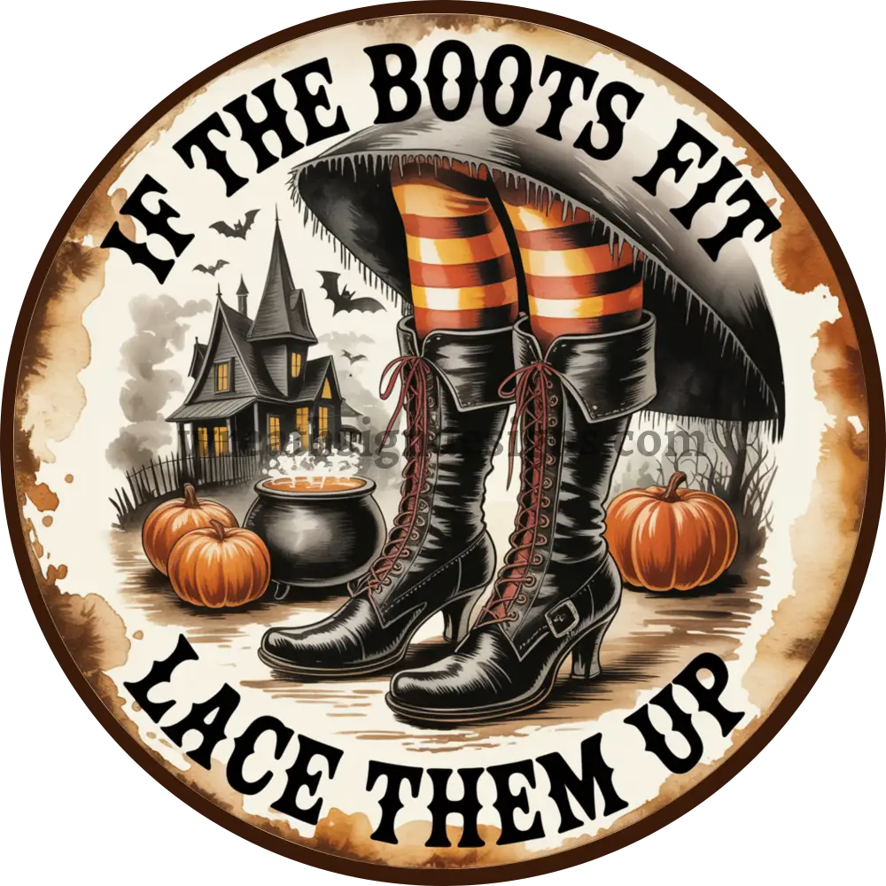 If the Shoe Fits Lace them Up- Halloween Witch Metal Wreath Sign MS-1351 6’’