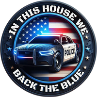 In This House We Back The Blue- Police Officer Cruiser With American Flag. Metal Wreath Ign 6