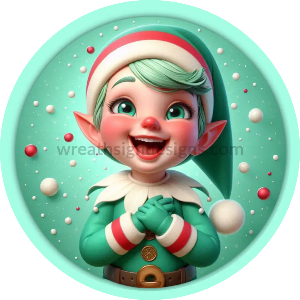 Jolly Mint Elf Christmas Round Wreath Sign