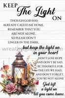 Keep The Light On- Vintage Floral Lantern Memorial Loss Remembrance Wreath Metal Sign