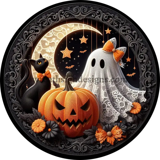Lace Ghost Black Cat and Jack o lantern Halloween Wreath Sign MS-1609