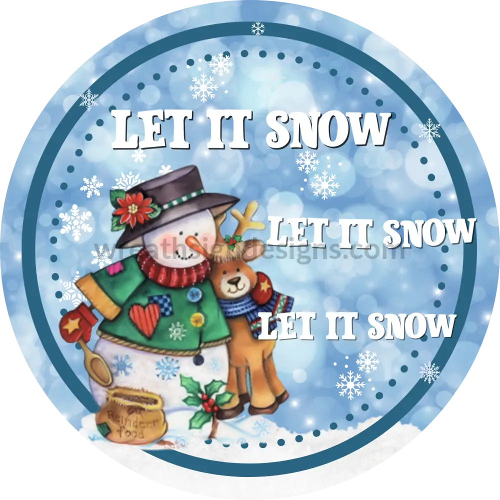 Let It Snow Whimsical Snowman And Reindeer Round Winter Metal Wreath Sign 6