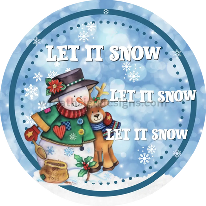 Let It Snow Whimsical Snowman And Reindeer Round Winter Metal Wreath Sign 6