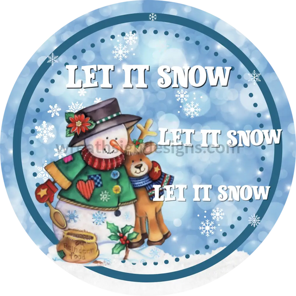 Let It Snow Whimsical Snowman And Reindeer Round Winter Metal Wreath Sign 6