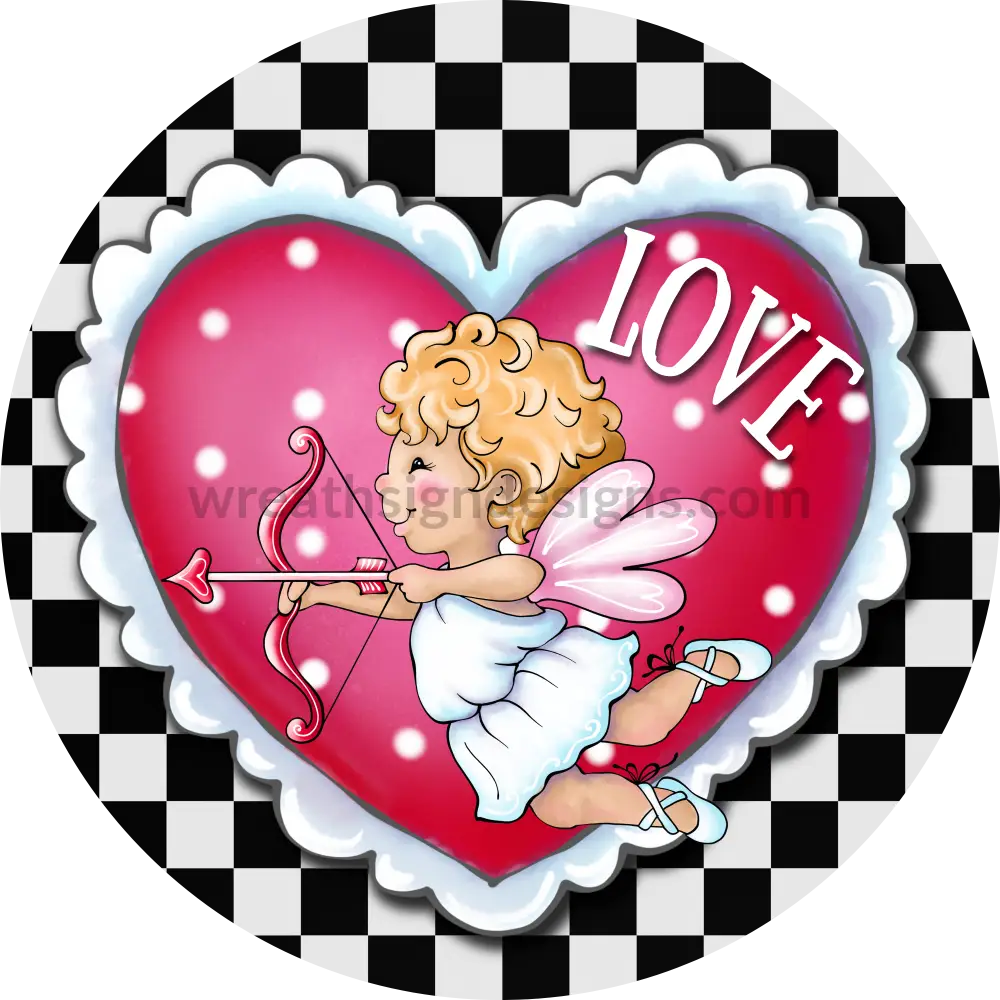 Love Cupid Checkered Heart-Round Valentine Wreath Sign 6