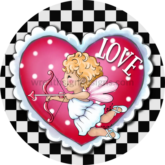 Love Cupid Checkered Heart-Round Valentine Wreath Sign 6