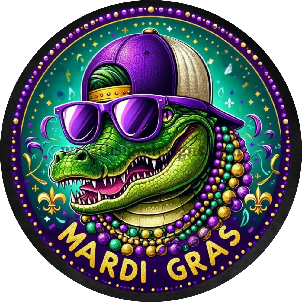 Mardi Gras Gator Nola Purple And Gold Metal Wreath Sign 10’’