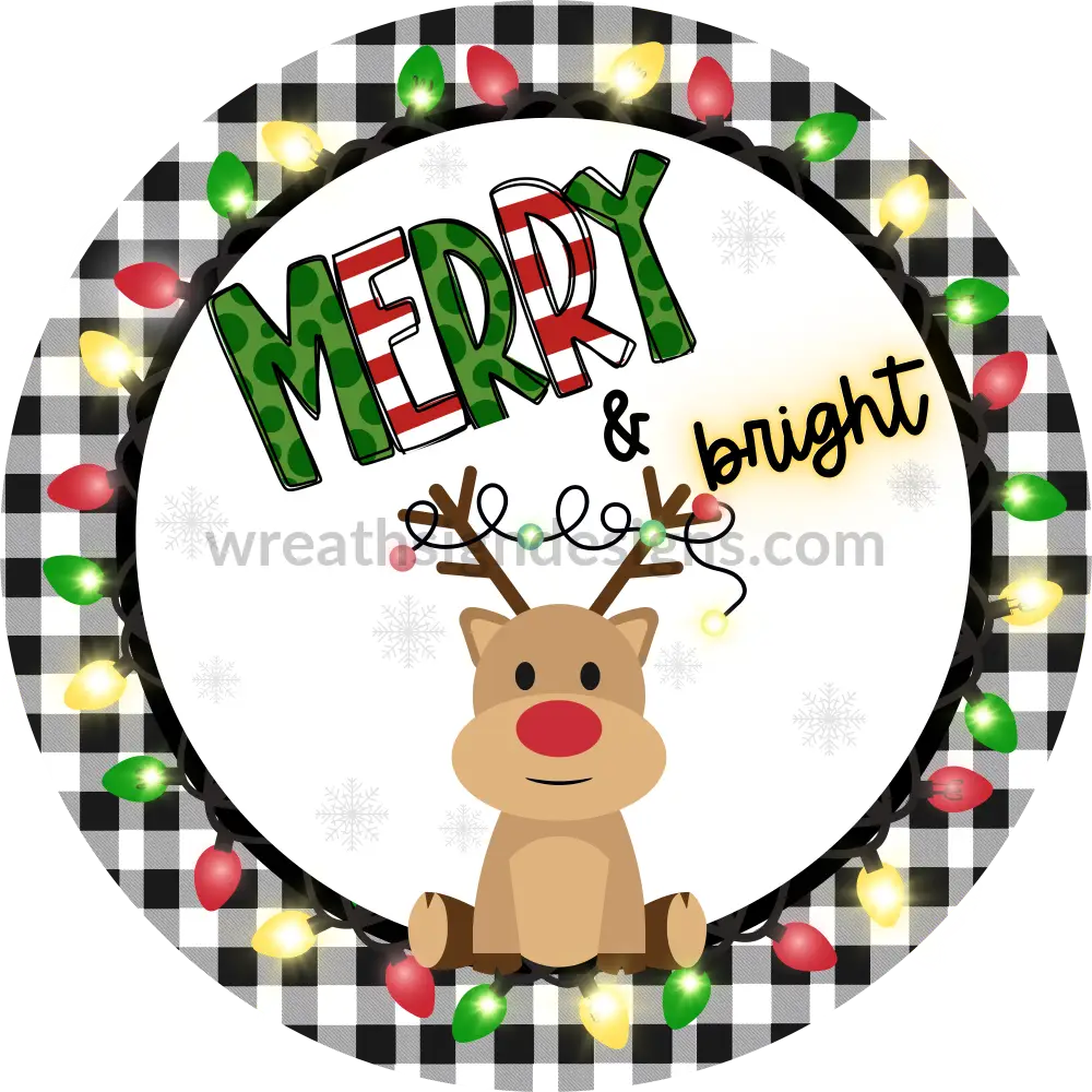 Merry And Bright Reindeer Christmas Lights-Metal Sign 8 Circle