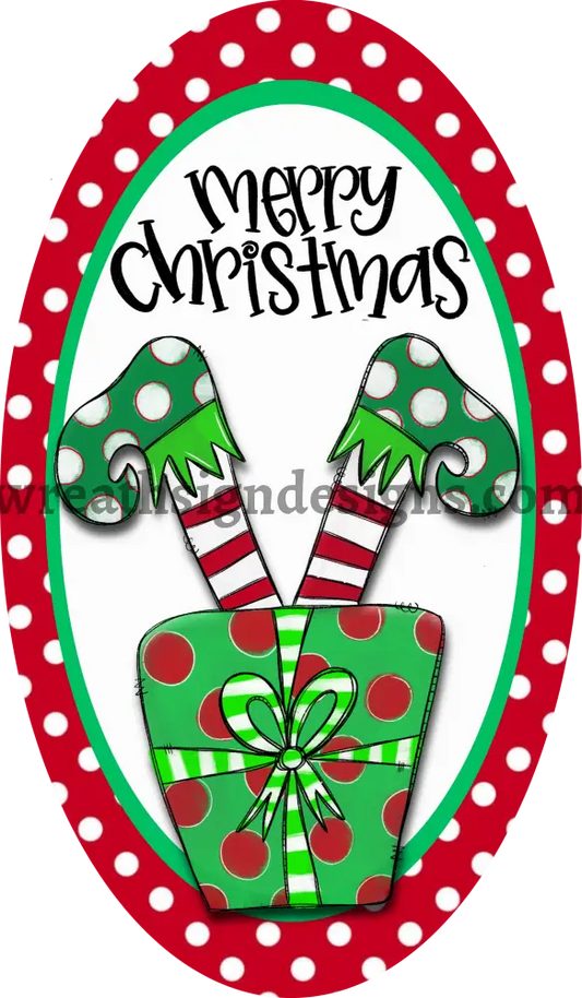 Merry Chirstmas- Christmas Elf Metal Wreath Sign- 7X12 Oval