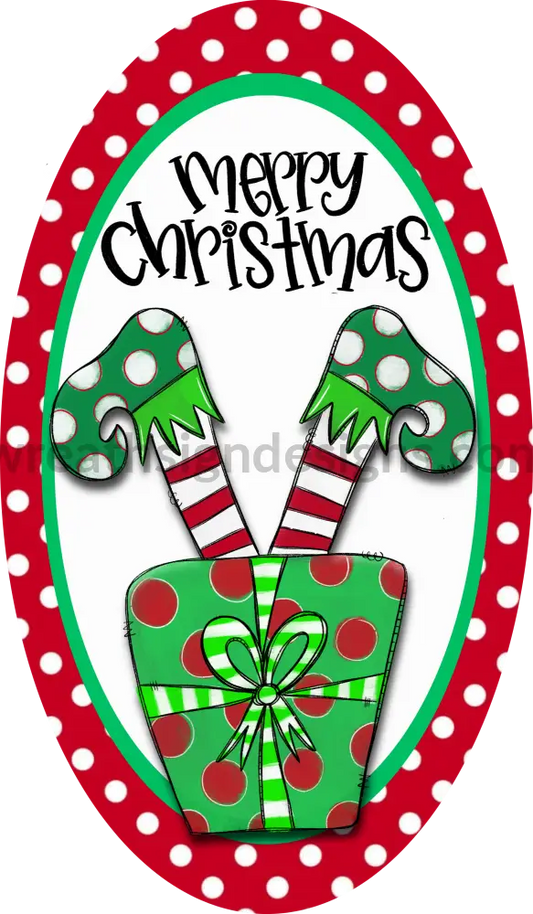 Merry Chirstmas- Christmas Elf Metal Wreath Sign- 7X12 Oval