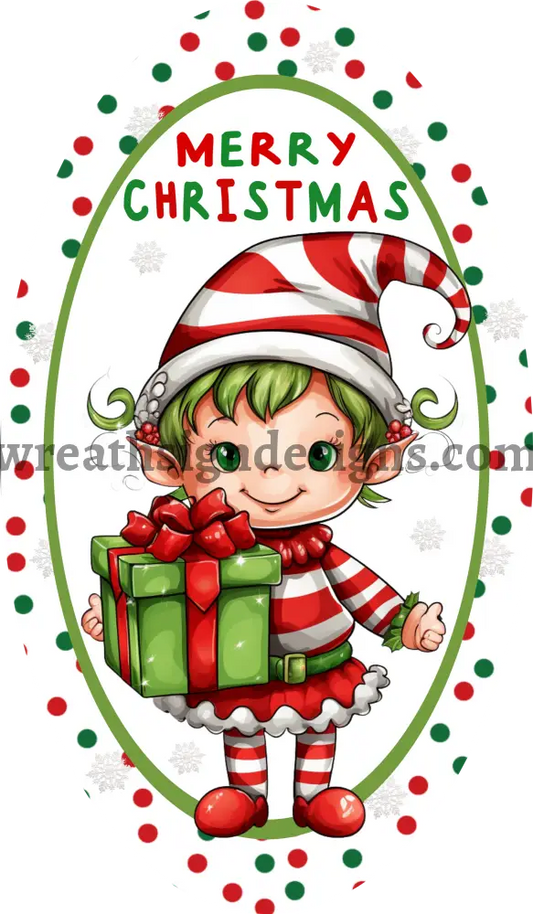 Merry Chirstmas Christmas Elf Metal Wreath Sign- 7x12 Oval MS-1394
