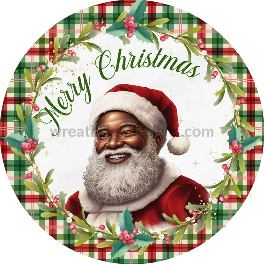 Merry Christmas African American Classic Santa Round Wreath Sign 6