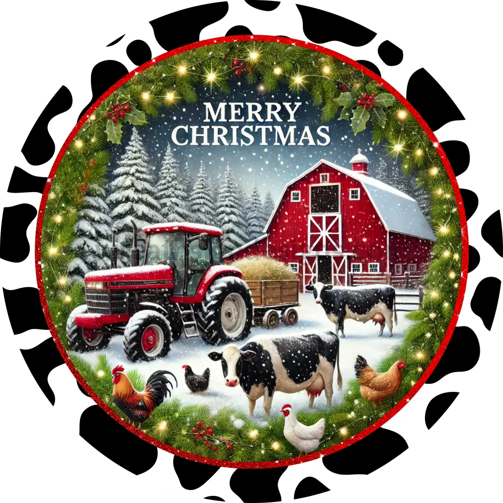 Merry Christmas Barn Tractor And Cow Print Round Metal Sign