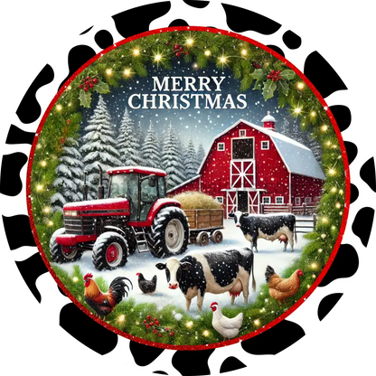 Merry Christmas Barn Tractor And Cow Print Round Metal Sign