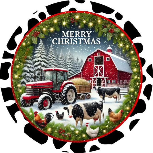 Merry Christmas Barn Tractor And Cow Print Round Metal Sign