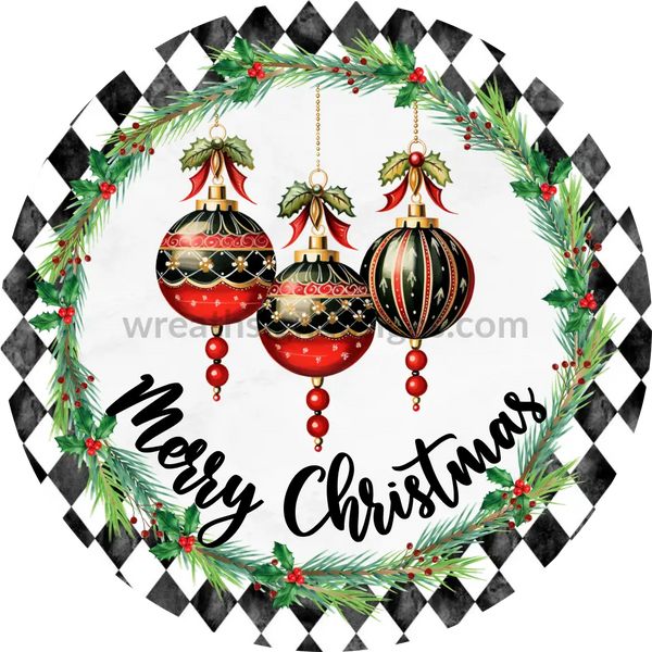 Merry Christmas Black And Red Ornaments With Harlequin Background Metal Wreath Sign 8
